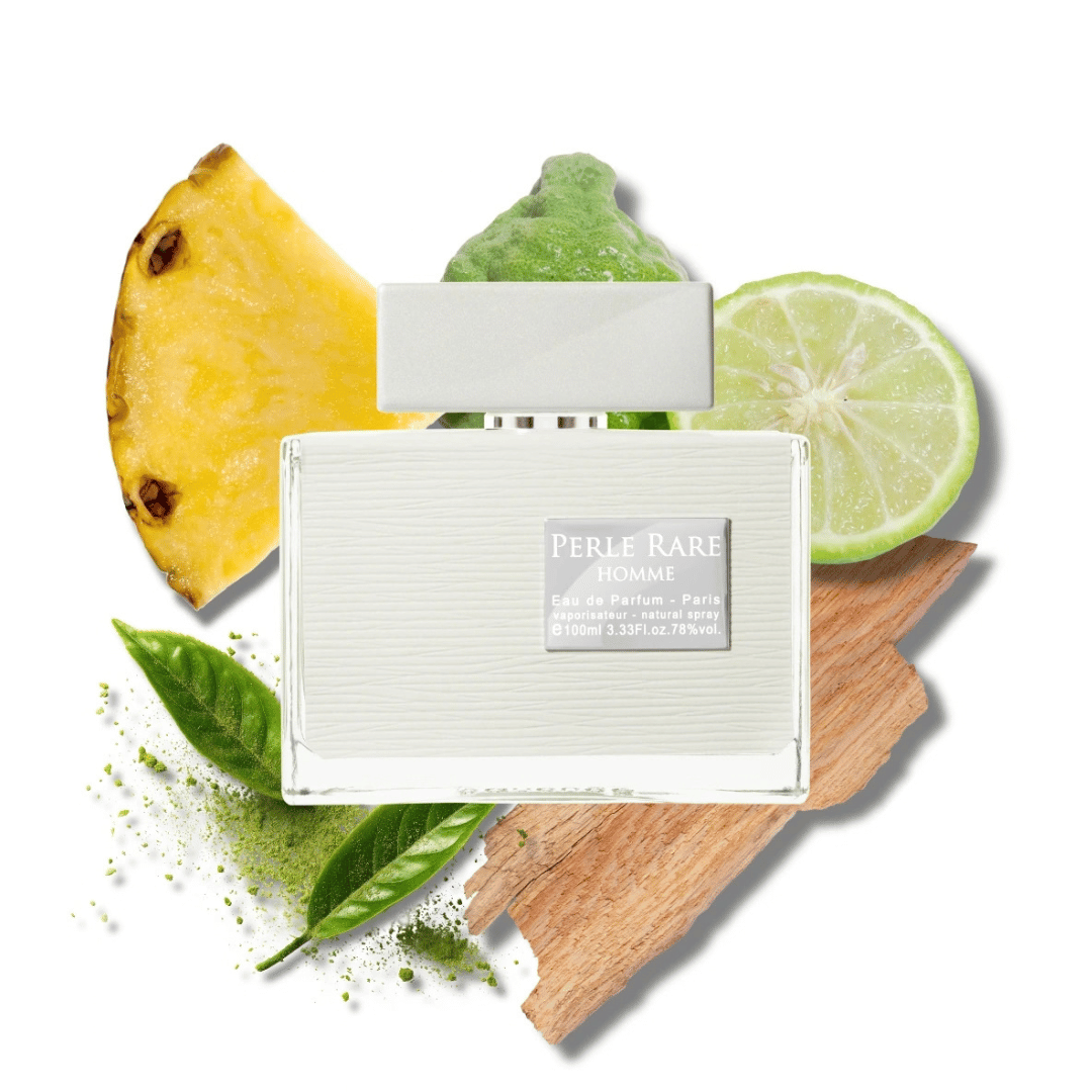 Panouge Paris – PERLE RARE HOMME Eau de Parfum Nischenduft Flakon vor den Duftzutaten bei scent amor