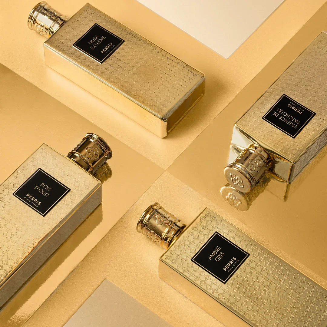 Perris Monte Carlo AMBRE GRIS Eau de Parfum Mood Flakons auf goldenem Papierscent amor