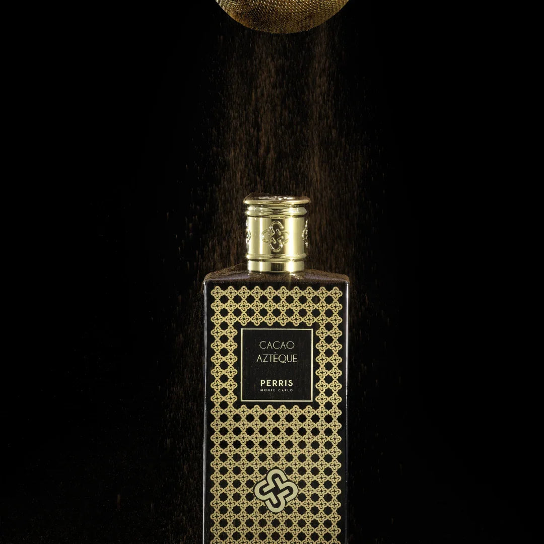 Perris Monte Carlo CACAO AZTÈQUE Eau de Parfum Mood Flakon unter Kakaopuder scent amor