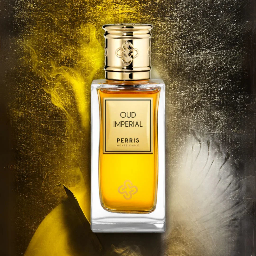 Perris Monte Carlo OUD IMPERIAL Extrait de Parfum Flakon Mood auf goldenem Papier