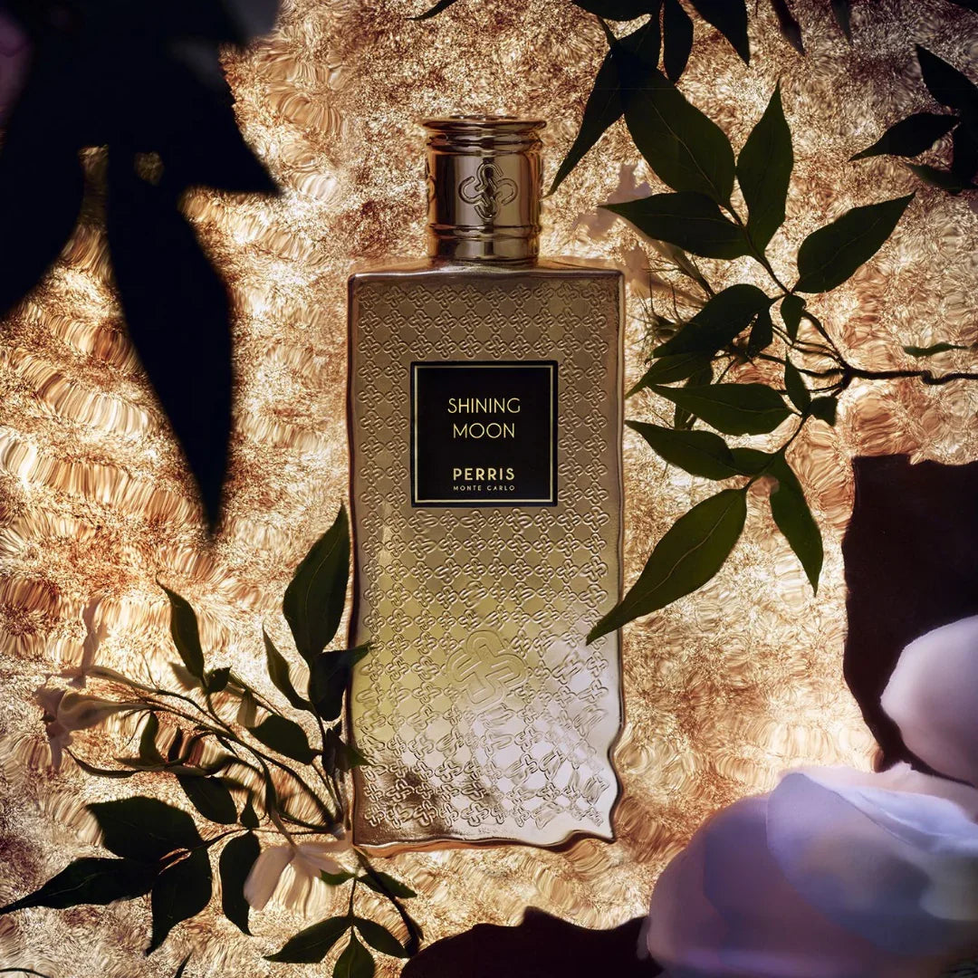 Perris Monte Carlo SHINING MOON Eau de Parfum Mood Flakon goldenes Wasser Blätter Schatten scent amor