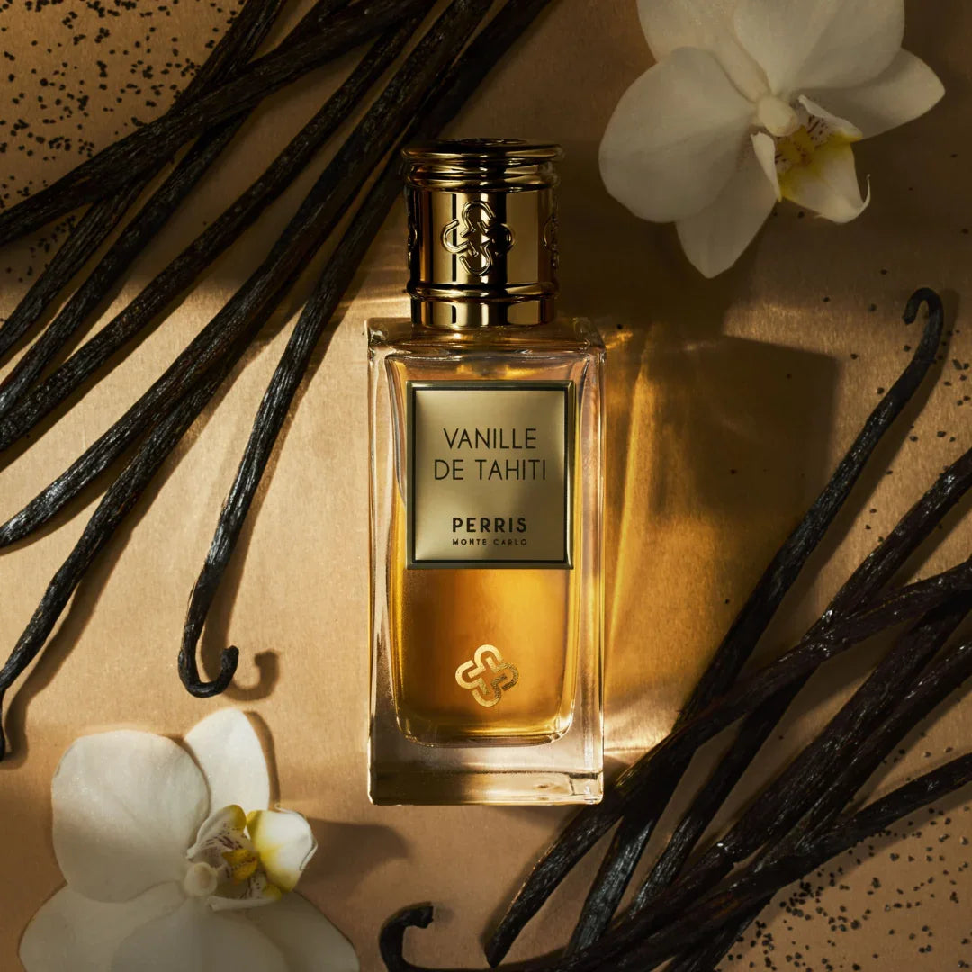 Perris Monte Carlo VANILLE DE TAHITI Extrait de Parfum Flakon mit Vanilleschote und Orchideen Mood scent amor