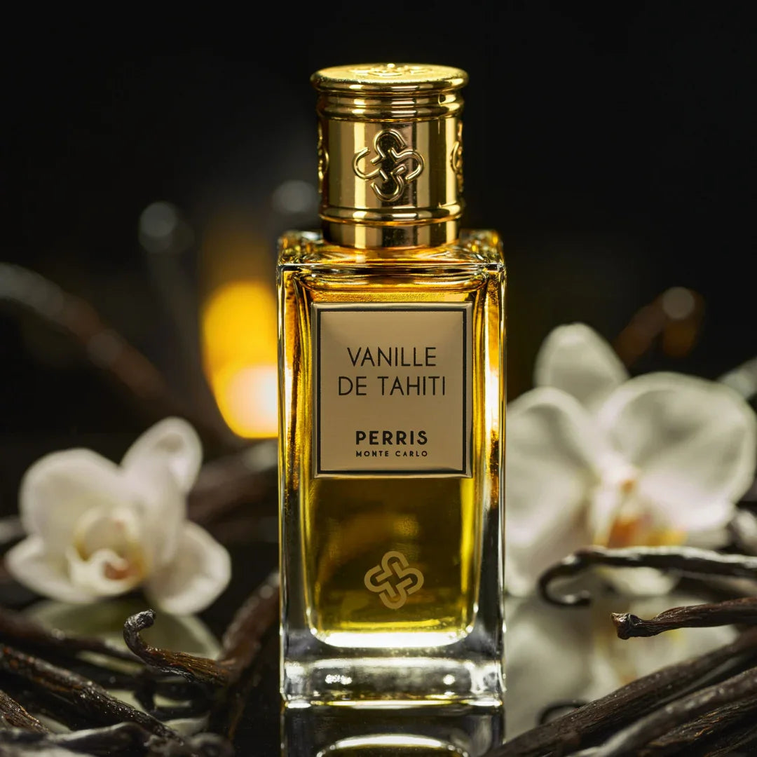 Perris Monte Carlo VANILLE DE TAHITI Extrait de Parfum Mood Flakon mit Vanilleschote und Orchideen