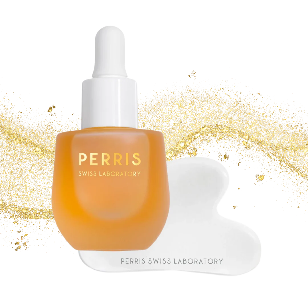 Perris Swiss Laboratory Lift & Glow Program – das Regenerationsöl mit dem Jade-Stein, leuchtend vor einem gold strahlenden Hintergrund