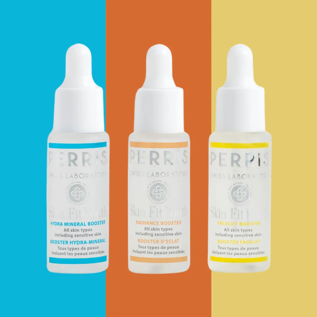 Perris Swiss Laboratory Skin Fit Booster Face Serum Discovery Kit – die drei Proben stehen elegant nebeneinander, ein Bild der Vielfalt und Effektivität – erlebe die Gesichtspflege bei scent amor