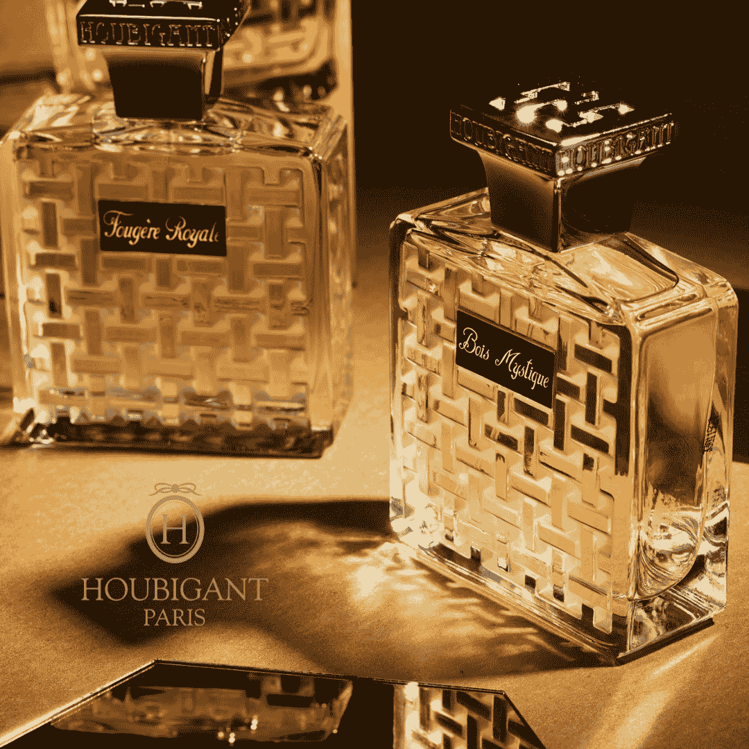 Houbigant Fougere Royal und Bois Mystique Flakons arrangiert