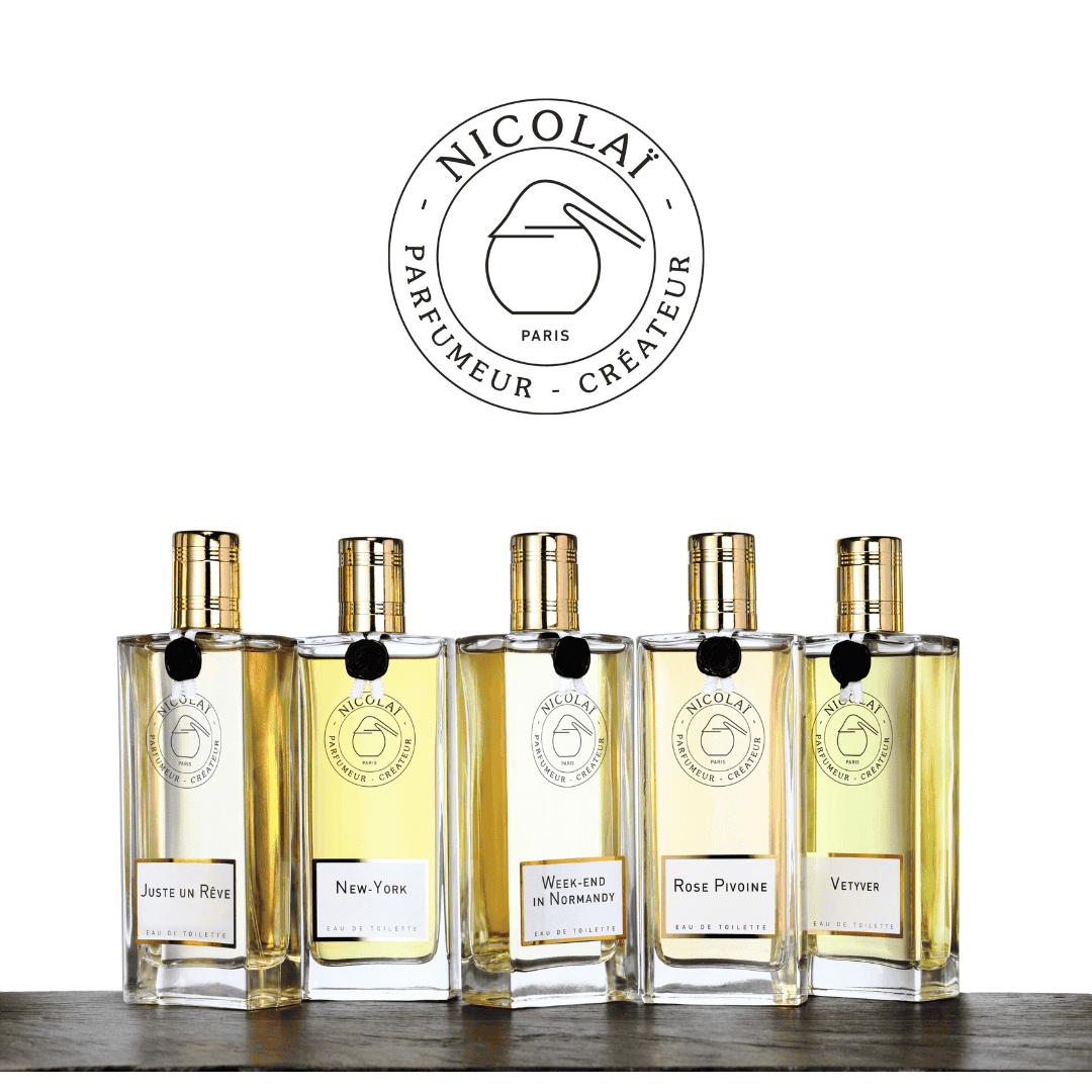 Nischenduft Flakons der Kollektion Nicolai mit den Düften New York Vetiver Rose Pivoine und Marken Logo