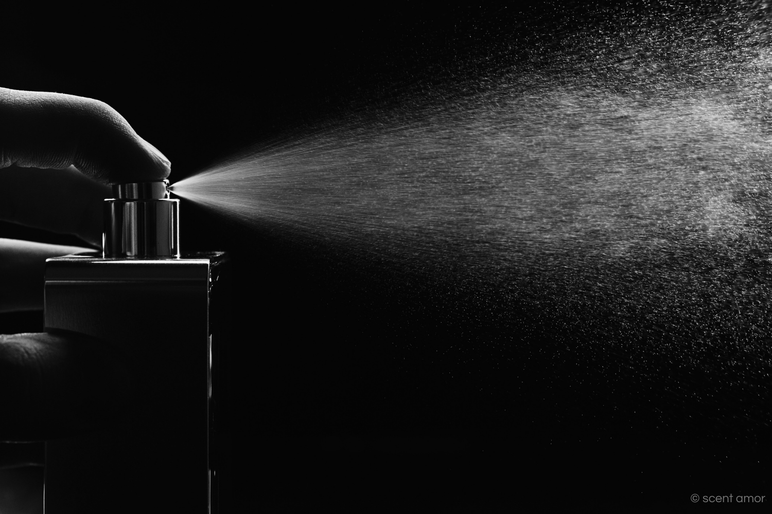 Hand mit sprühendem Flakon scent amor beratung bei nischendüften