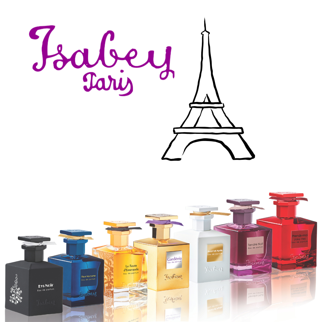 Parfums Isabey Paris Gruppenbild mit bunten Flakons und Eifelturm