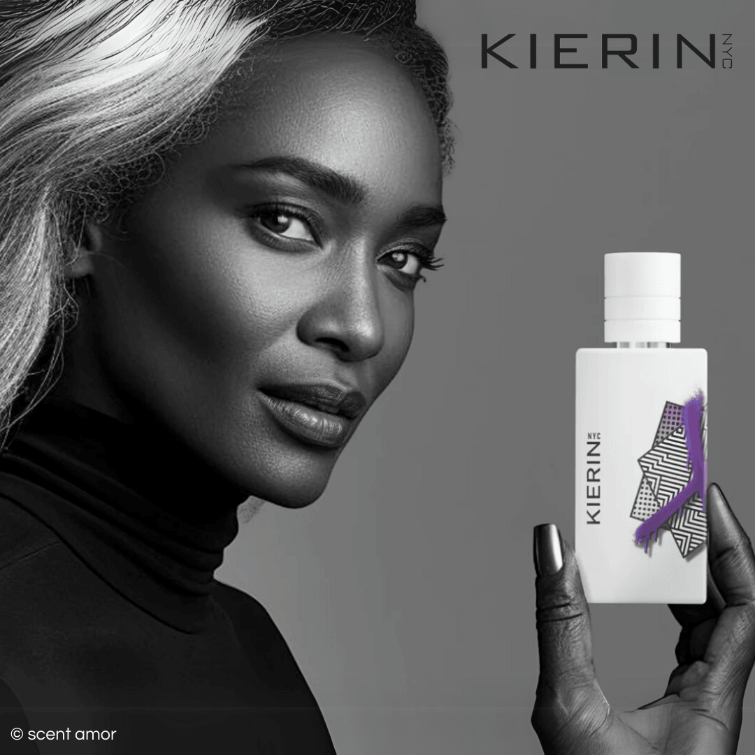 Mood Image der Parfum Marke Kierin NYC mit einem weissen Flakon und Gesicht einer Frau