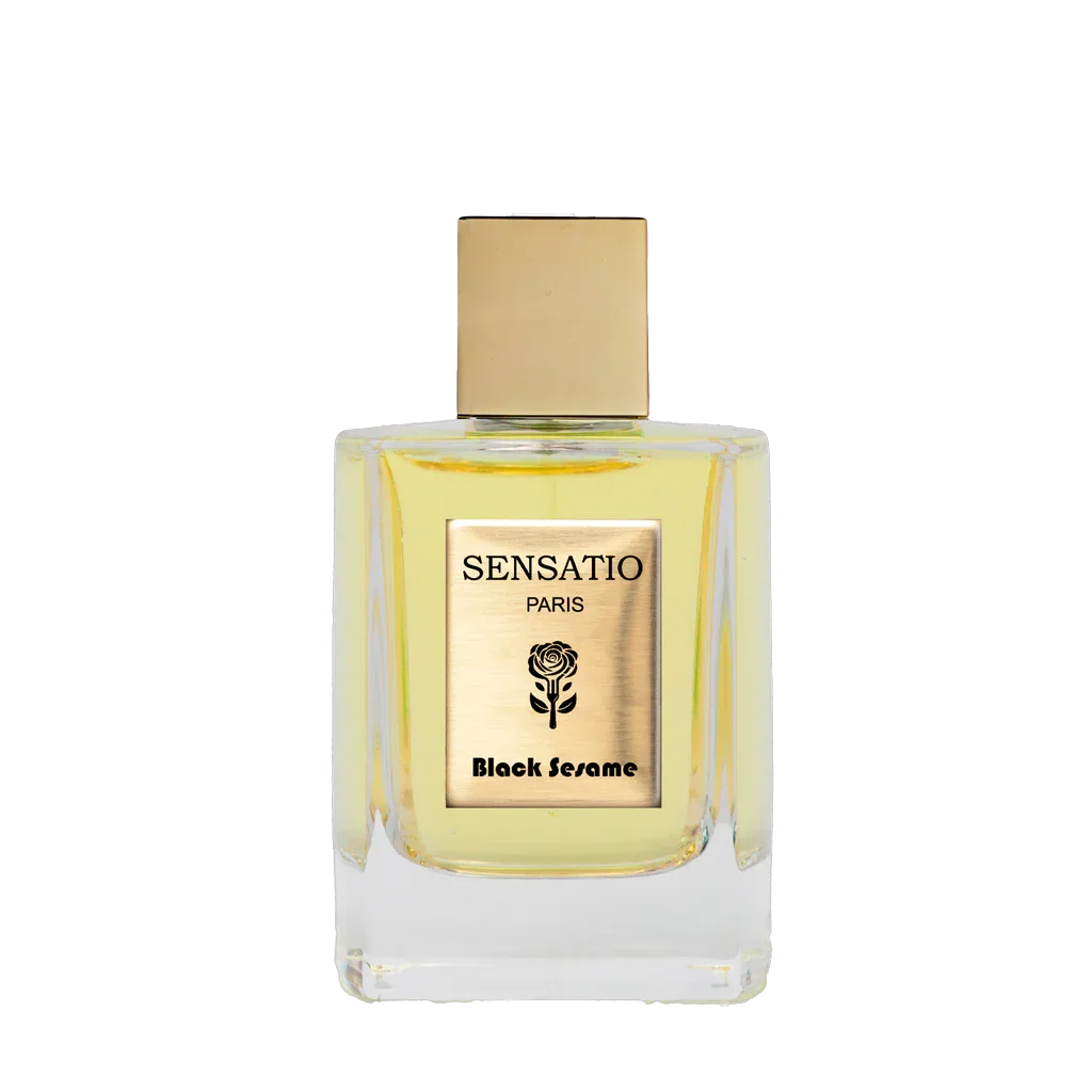 Freigestellter Flakon des dunklen, würzigen Nischendufts Black Sesame von Sensatio Paris - edles Eau de Parfum auf transparentem Hintergrund, erhältlich auf scent amor