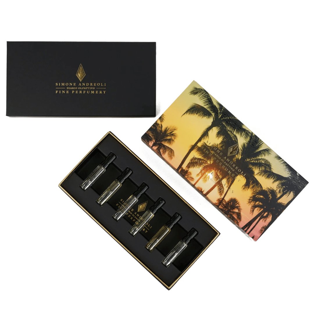 Simone Andreoli DISCOVERY KIT TROPICAL ESCAPES Eau de Parfum Intense Box offen mit Hülle bei scent amor Deinem Fachmann für feine Nischenparfums