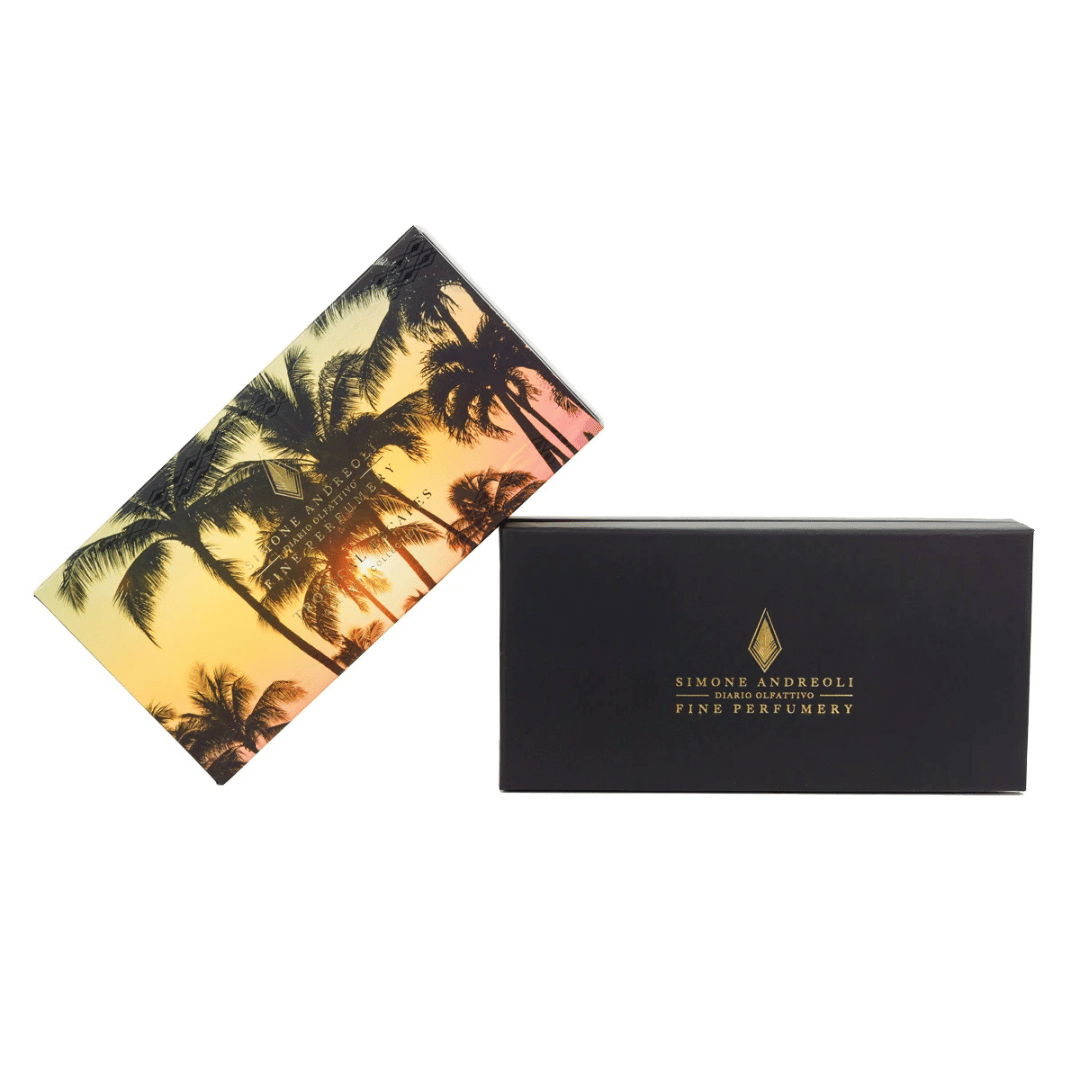 Simone Andreoli DISCOVERY KIT TROPICAL ESCAPES Eau de Parfum Intense Box schwarz und Schuber bunt bei scent amor Deinem Fachmann für feine Nischenparfums