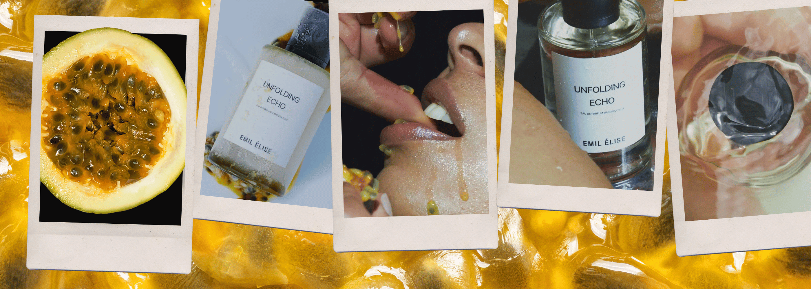Bildcollage mit tropischen Früchten und Eau de Parfum Emil Elise bei scent amor deinem Fachmann für Nischenparfum
