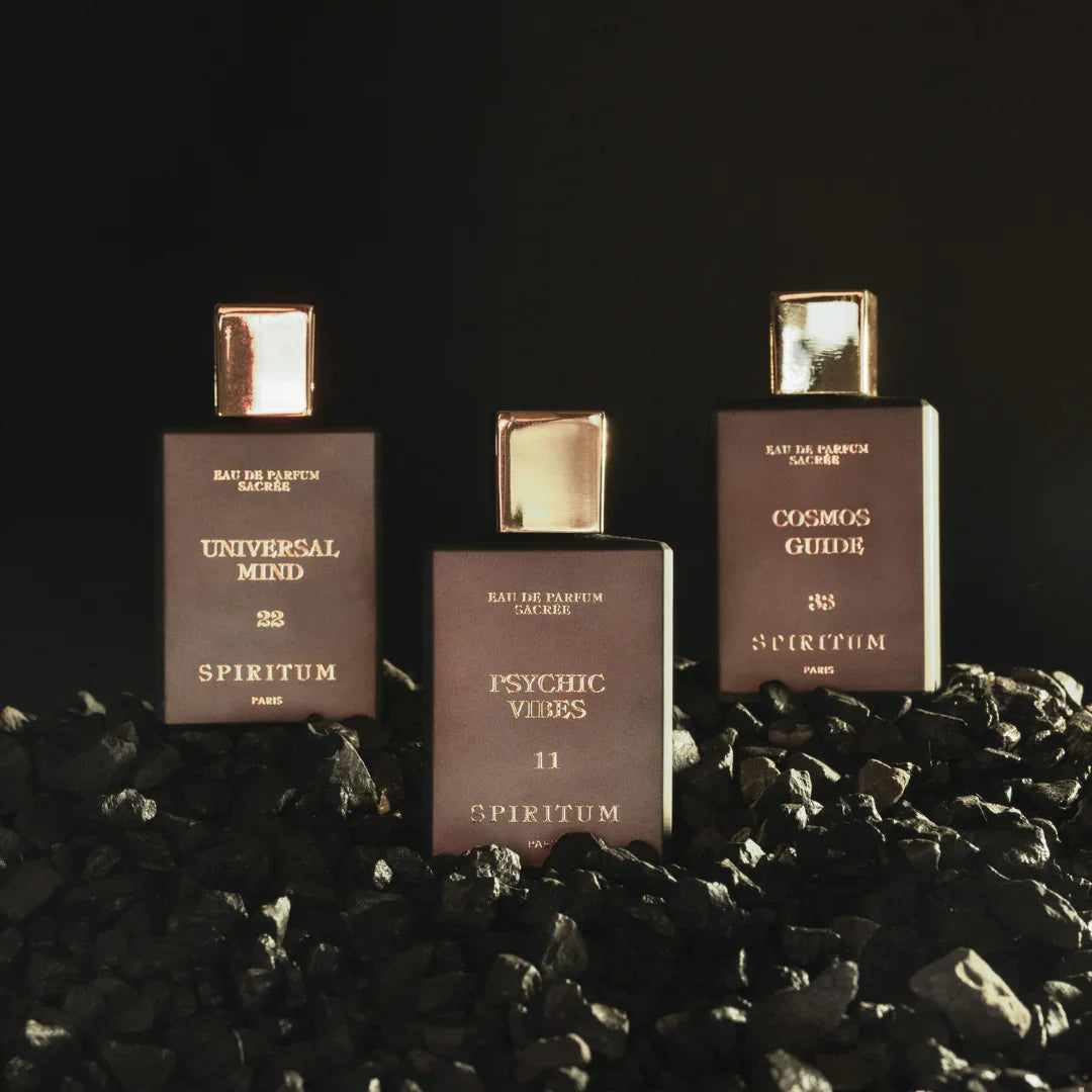 Spiritum Paris COSMOS GUIDE Eau de Parfum – drei Flakons aus dieser Duftreihe stehen nebeneinander in schwarzen Steinen, ein kraftvolles Bild von Einheit und Vielschichtigkeit – entdecke die Serie bei scent amor