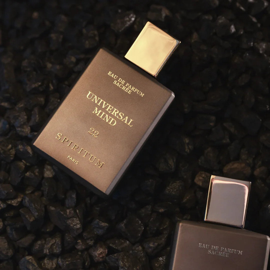 Spiritum Paris UNIVERSAL MIND Eau de Parfum – zwei Flakons liegen auf schwarzen Steinen, seitlich vom Licht erfasst, ein Spiel aus Schatten und Glanz – entdecke den Duft bei scent amor