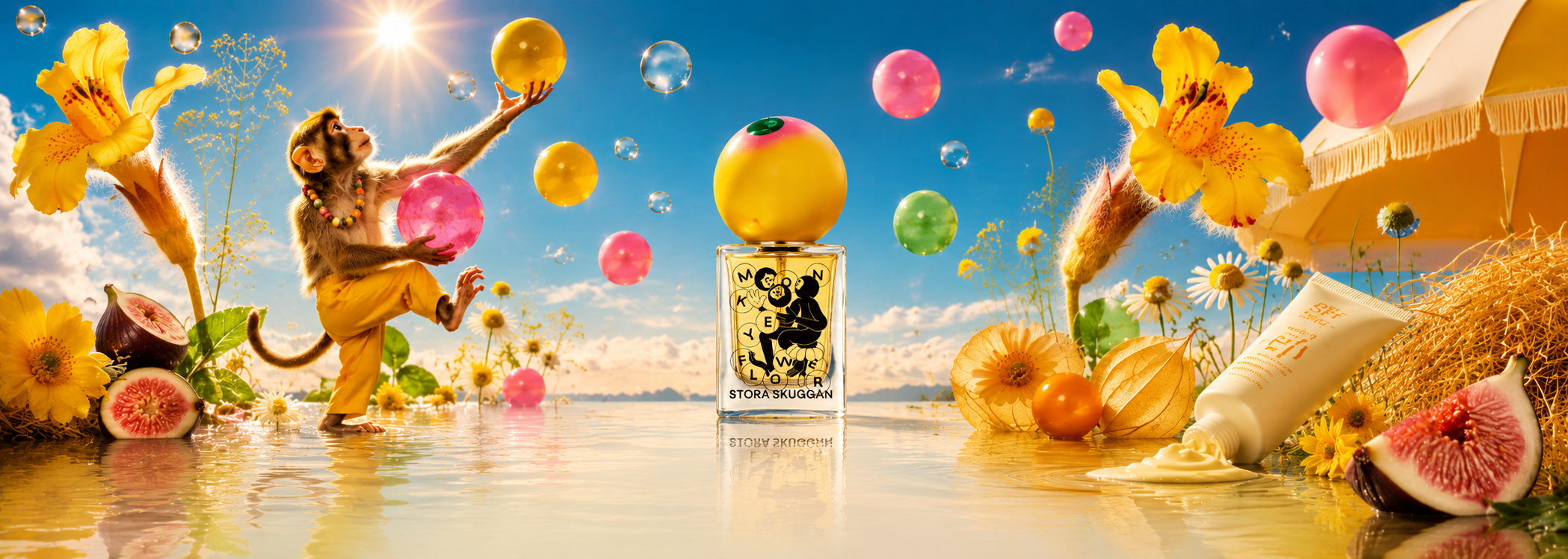Sommerparadies mit Parfümflasche und Affe. Feine Nischendüfte von Stora Skuggan bei scent amor. Monkey Flower Sommerduft