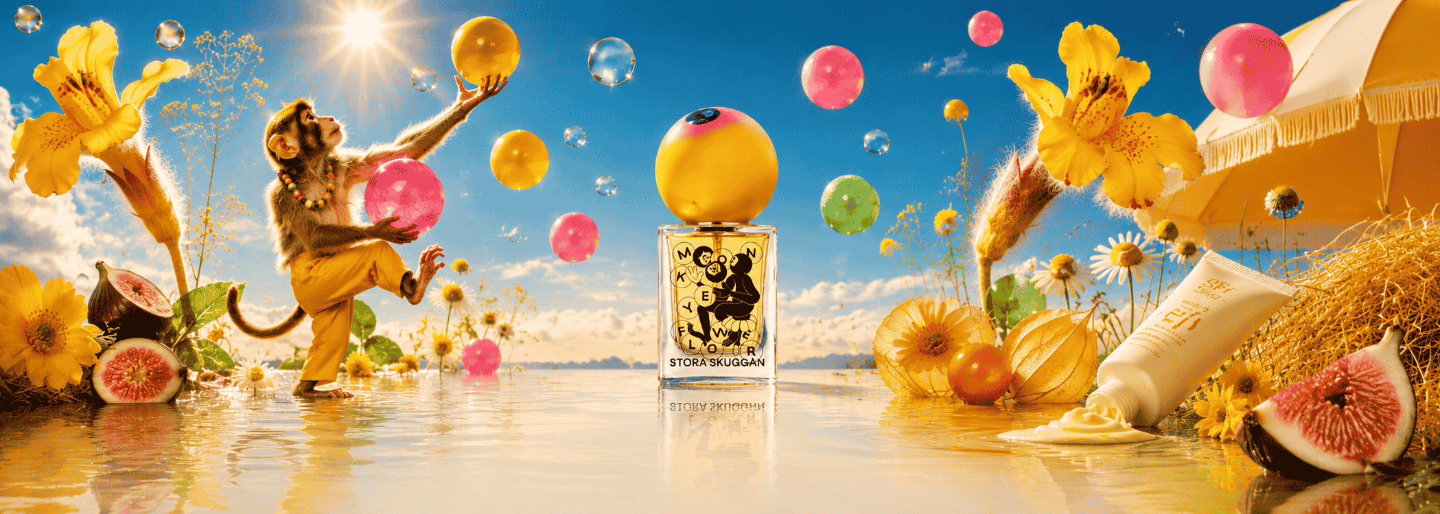 Sommerparadies mit Parfümflasche und Affe. Feine Nischendüfte von Stora Skuggan bei scent amor. Monkey Flower Sommerduft