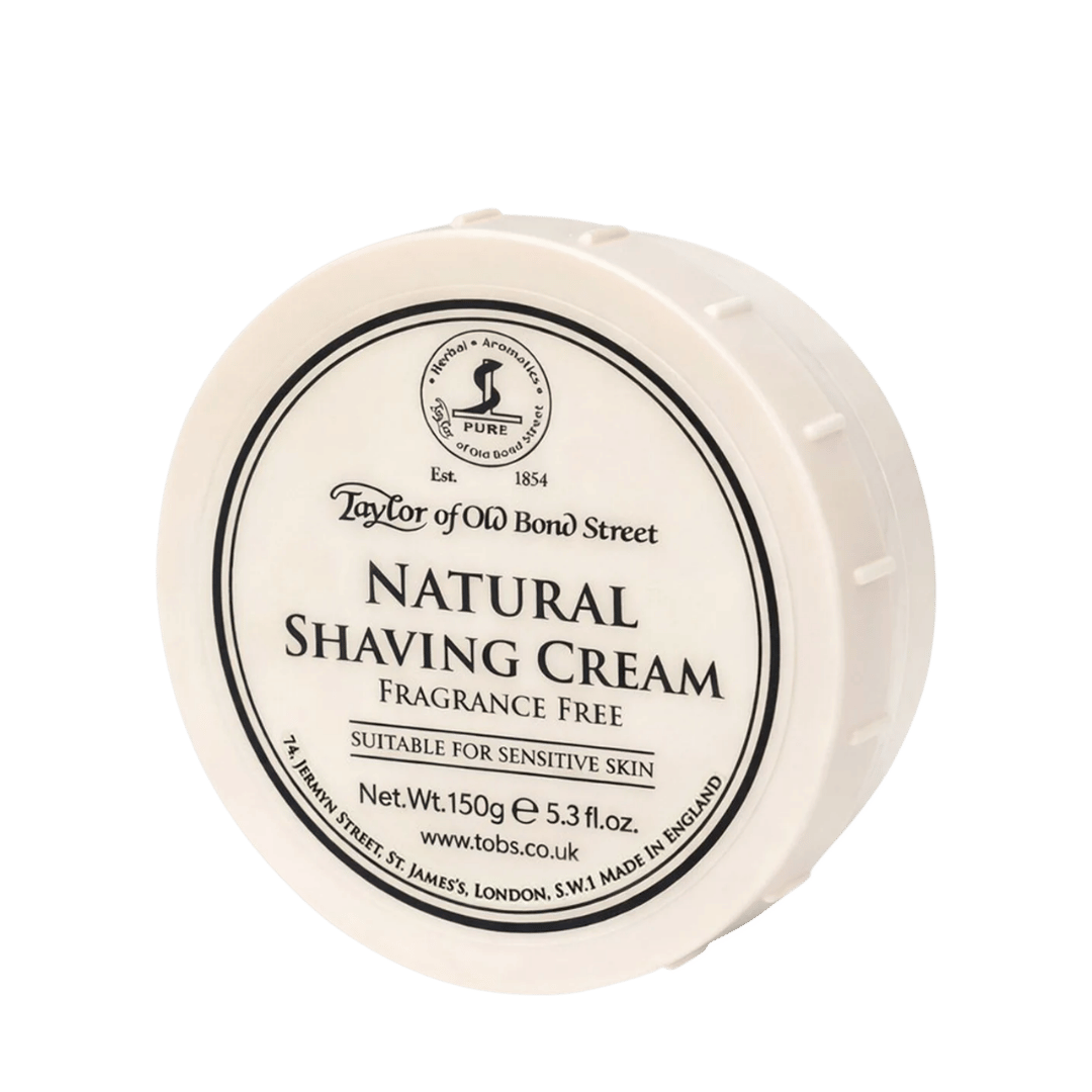 NATURAL Shaving Cream Bowl von Taylor of Old Bond Street – sanfte Rasurpflege für empfindliche Haut präsentiert von scent amor in einer hellen Dose mit Aufschrift