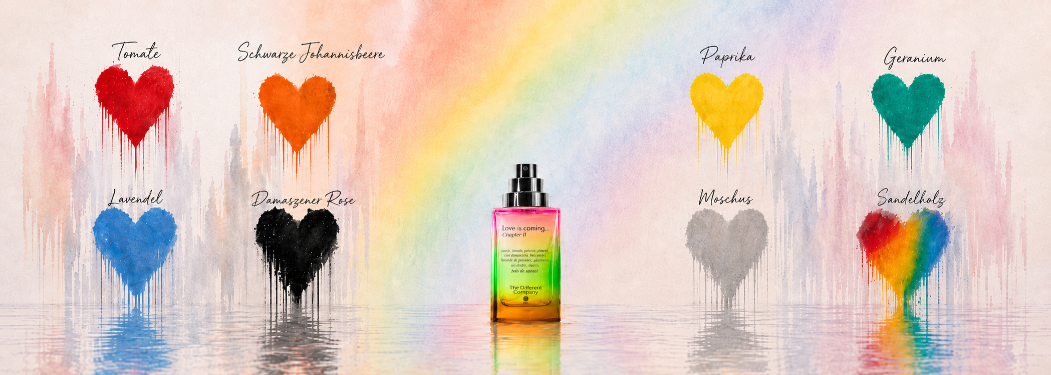 The Different Company Love is Coming Eau de Parfum bei scent amor präsentiert mit Aquarellherzen in bunt