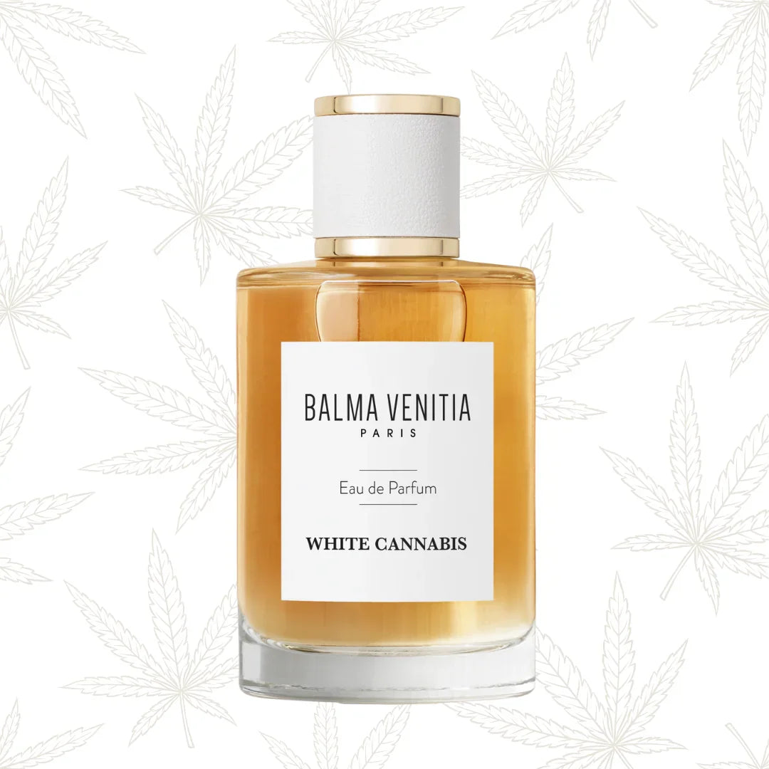 Balma Venitia WHITE CANNABIS Eau de Parfum Flakon frontal Hanfblätter