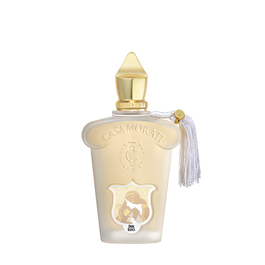 Freigestellter Flakon von Xerjoff Dama Bianca Eau de Parfum – ein zarter, pudrig-floraler Nischenduft aus der Casamorati-Kollektion, jetzt bei scent amor entdecken und verlieben