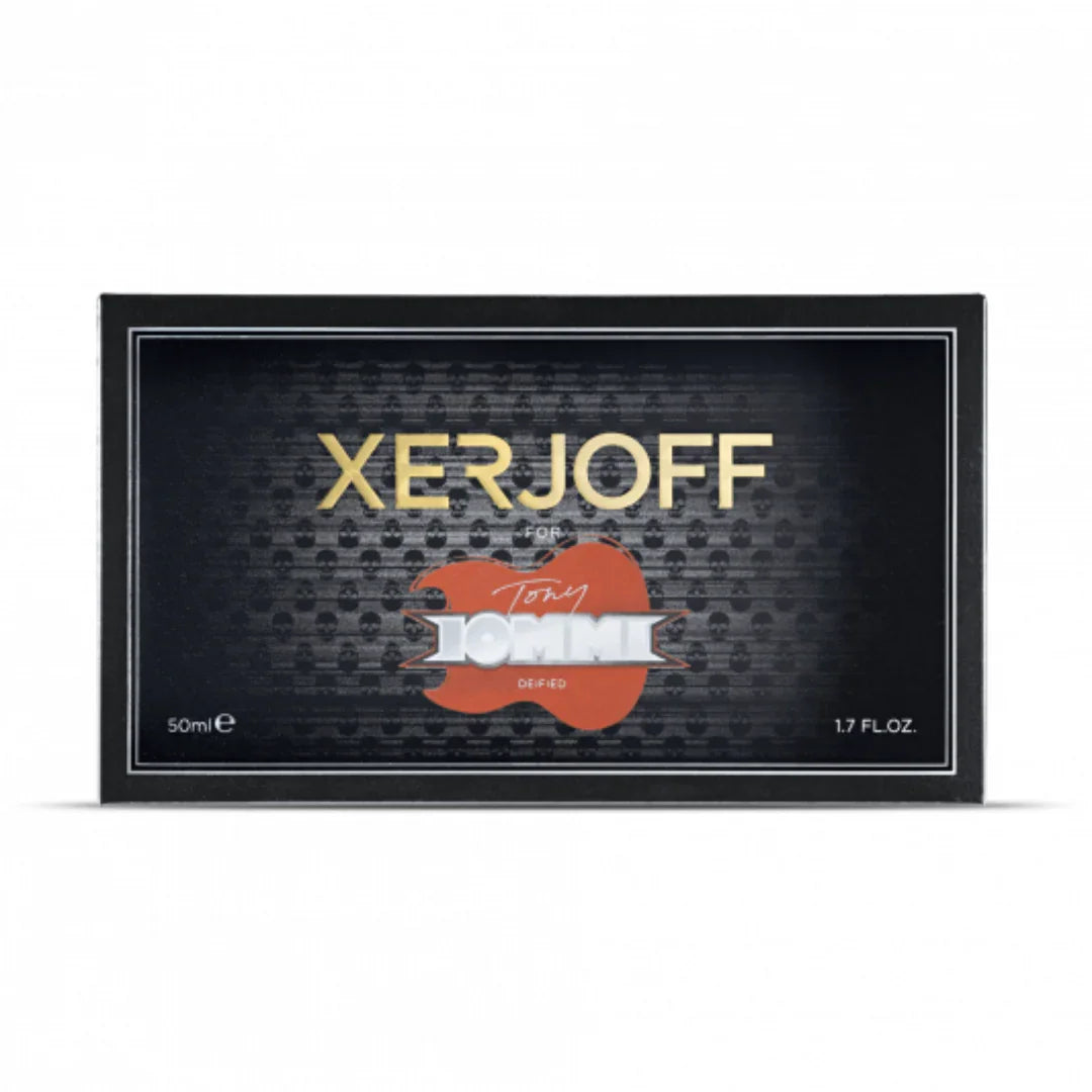 Außenansicht der schwarzen Box von Xerjoff Tony Iommi Deified Eau de Parfum – dunkler, charismatischer Nischenduft mit starker Duftkomposition, jetzt bei scent amor entdecken