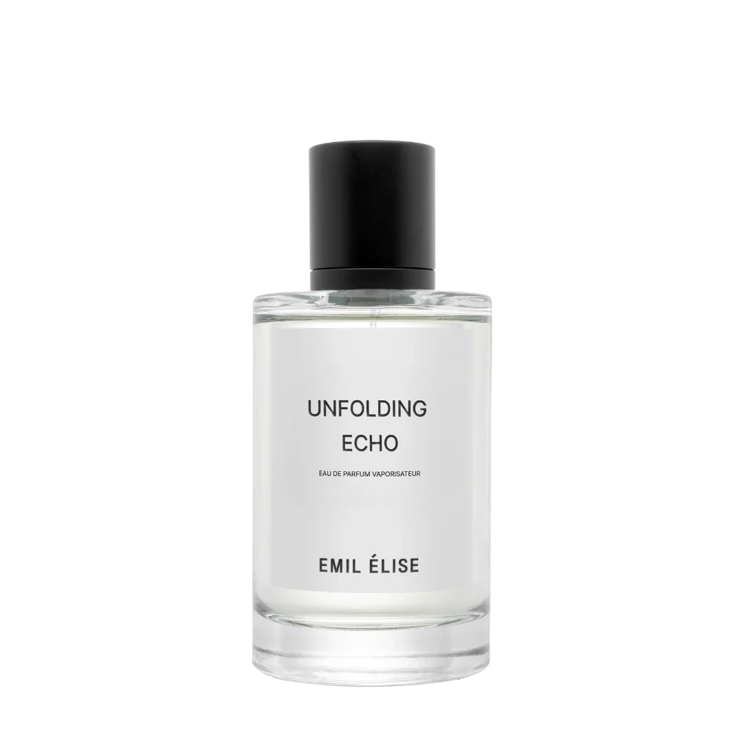 Parfümflasche "Unfolding Echo" von Emil Élise, transparenter Glasflakon mit schwarzem Verschluss.