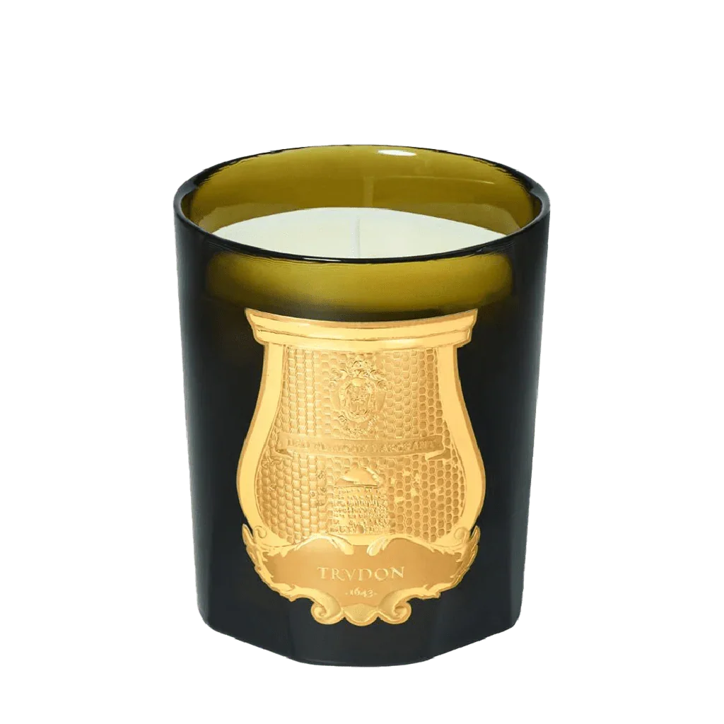 Die "ABD EL KADER - Duftkerze" von Trudon ist in einem dunklen Glas mit goldfarbigem Emblem.