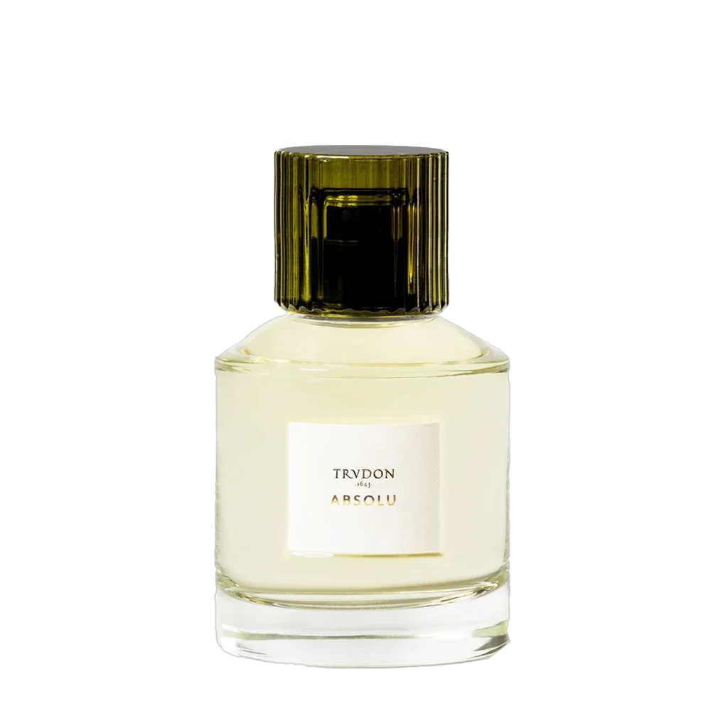 Parfümflakon mit klarem Glas und schwarzem, gerilltem Deckel; Etikett mit Aufschrift "Trudon" und "ABSOLU".