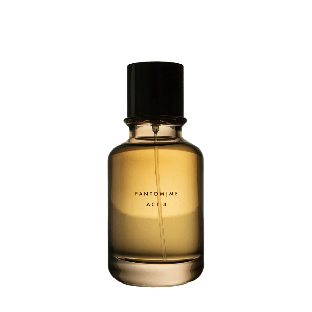 Braun getönte Parfümflasche mit schwarzem Verschluss, Aufschrift "Pantomime ACT 4". Anbieter: Pantomime.