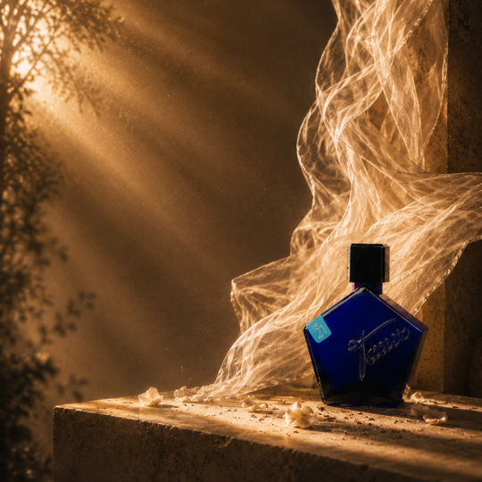Andy Tauer L’Air du Jardin Caché Eau de Parfum, tiefblauer Flakon in warmer Lichtstimmung mit schwebendem transparentem Stoff und goldenen Sonnenstrahlen inszeniert, erhältlich bei scent amor.
