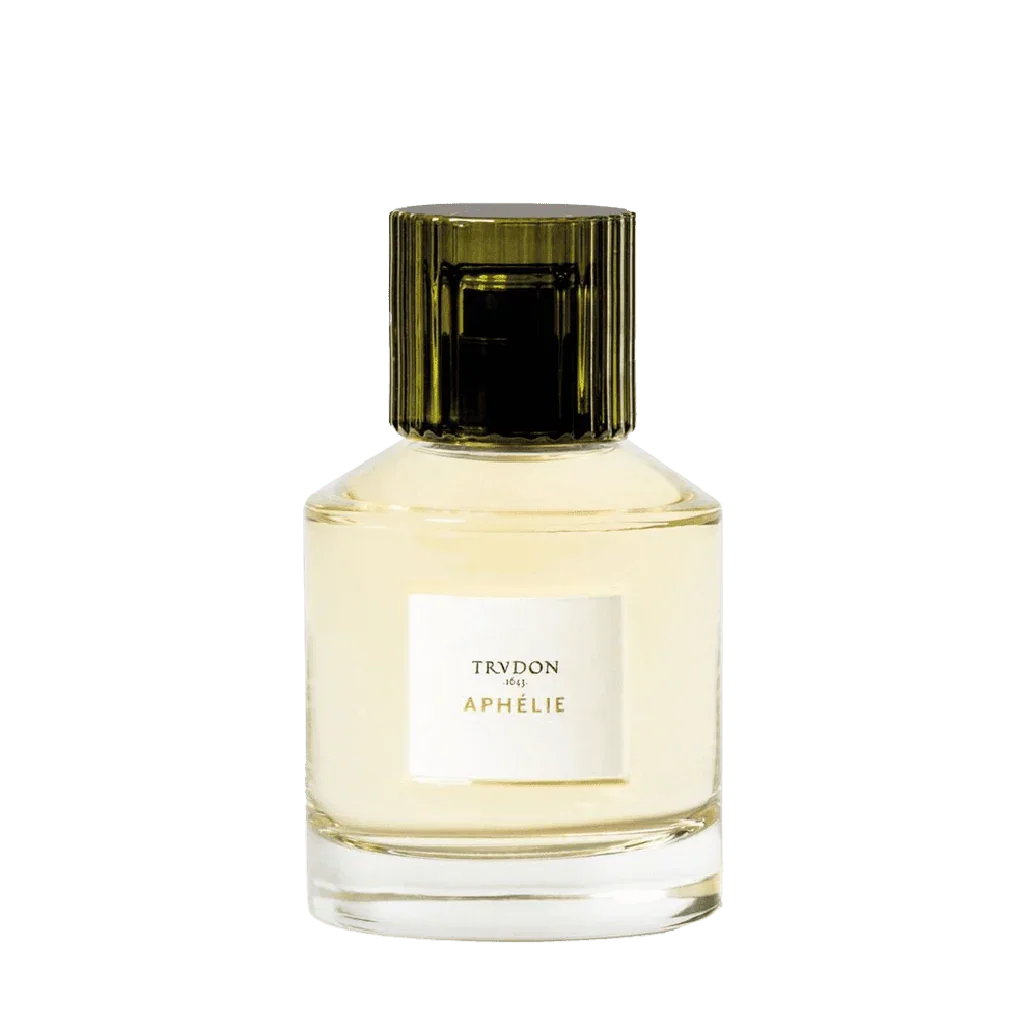 Parfümflasche "APHÉLIE" von Trudon, klarer Glasflakon mit dunklem, geripptem Verschluss, gefüllt mit einer hellen Flüssigkeit.