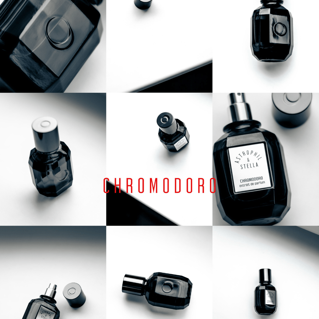Astrophil & Stella Chromodoro Extrait de Parfum – Collage mit verschiedenen Perspektiven des Flakons, moderne Präsentation bei scent amor