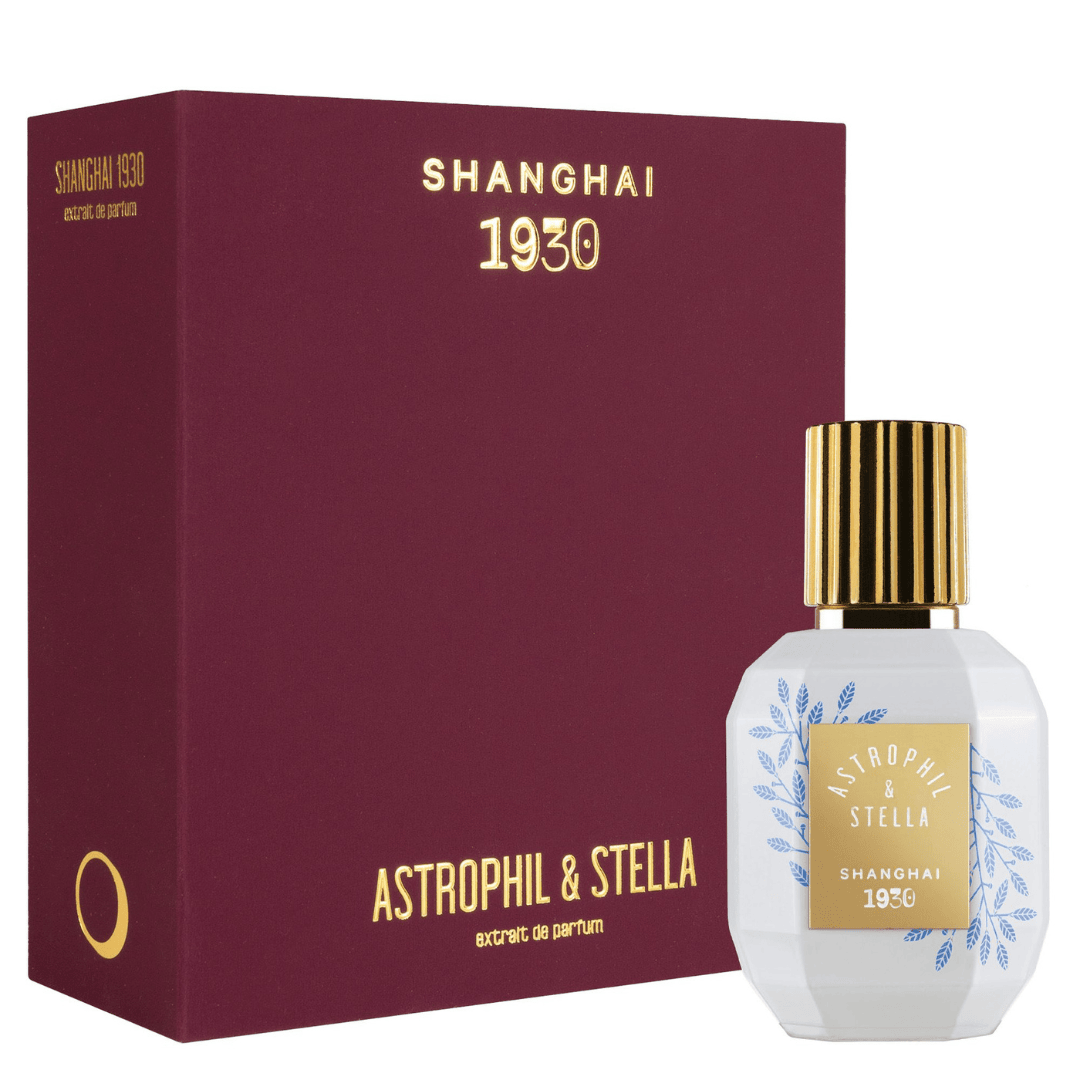 Astrophil & Stella Shanghai 1930 Extrait de Parfum – Flakon neben der luxuriösen Box, elegante Präsentation eines zeitlosen Nischenparfums bei scent amor
