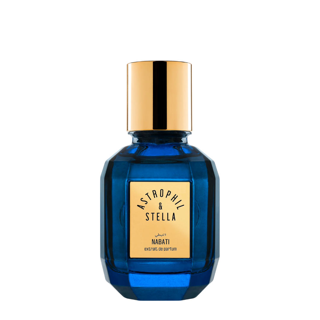 Astrophil & Stella Nabati Oud Extrait de Parfum, eleganter blauer Glasflakon mit goldenem Verschluss, luxuriöse Nischenduft-Komposition, erhältlich bei scent amor.