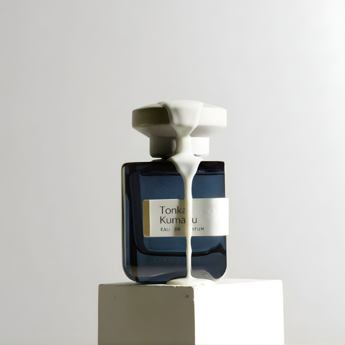 Atelier Materi Tonka Kumaru Eau de Parfum, kreativer Duftflakon mit fließendem weißen Akzent, künstlerisch und modern dargestellt, erhältlich bei scent amor.