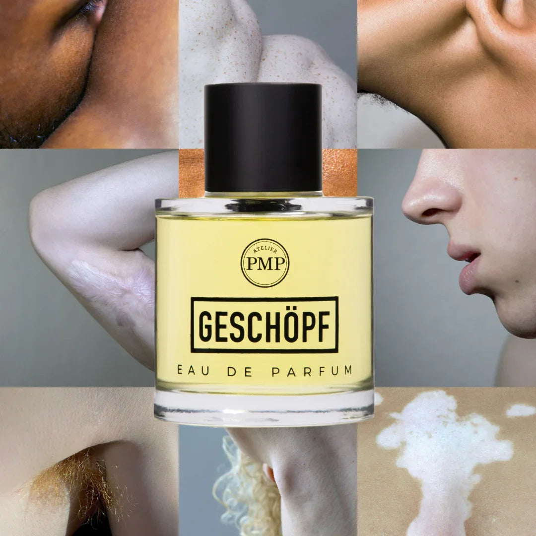 flakon von dem eau de parfum geschöpf von atelier pmp vor verschiedenen körperteilen