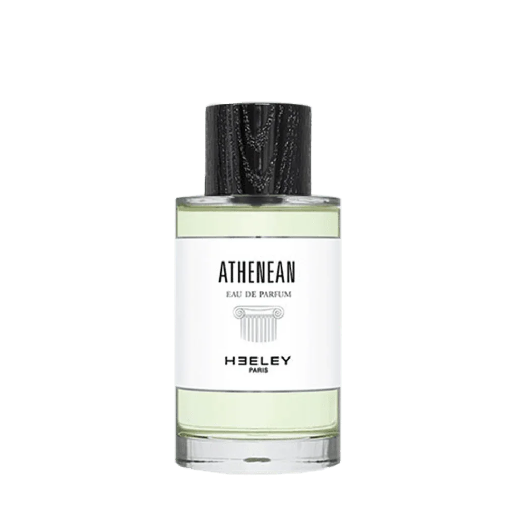 Ein Flakon "Athenean" Eau de Parfum von Heeley mit transparentem Glas, silbernem Verschluss und weißem Etikett.