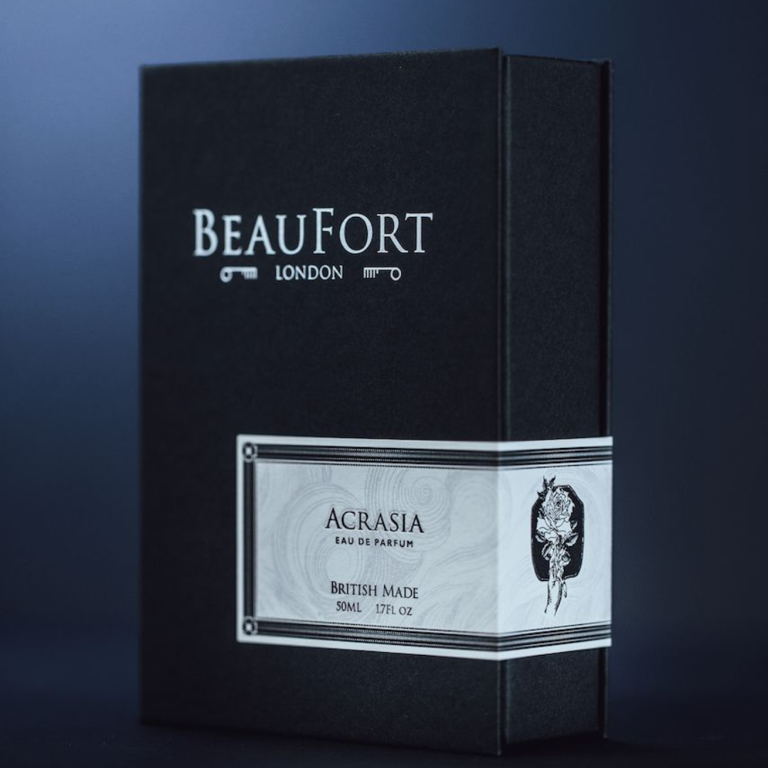 Box von BeauFort London Acrasia Eau de Parfum edle schwarze Verpackung, britischer Duft erhältlich bei scentamor