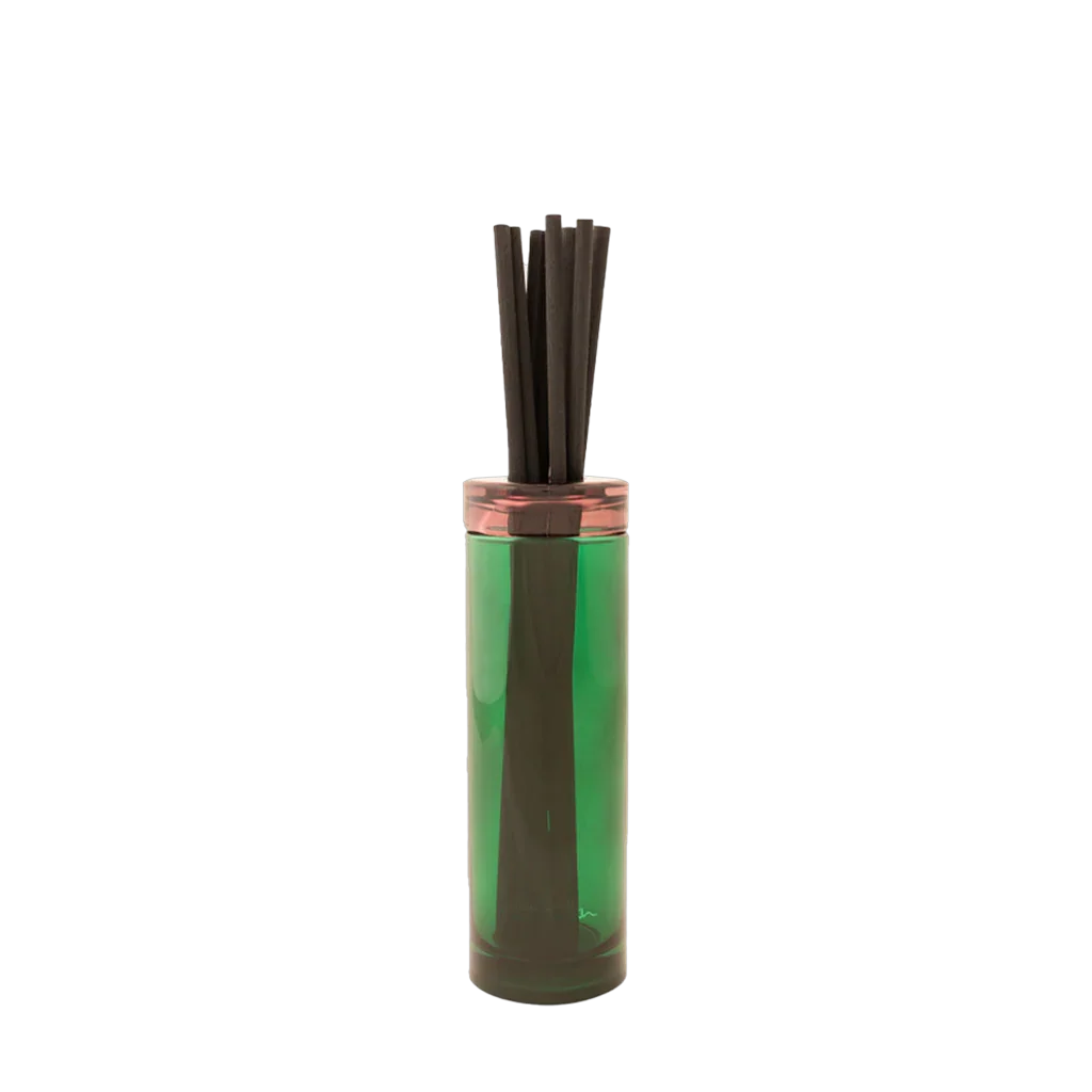 Grüner Glasdiffusor mit schwarzen Stäbchen, Produktname: Botanist Diffuser, Hersteller: Paul Smith.