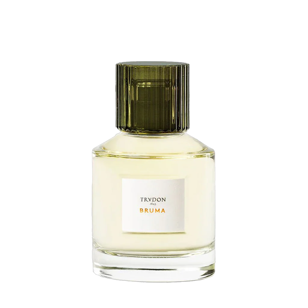 Parfümflasche "BRUMA" von Trudon, transparent mit dunkelgrünem Verschluss und weißem Etikett.