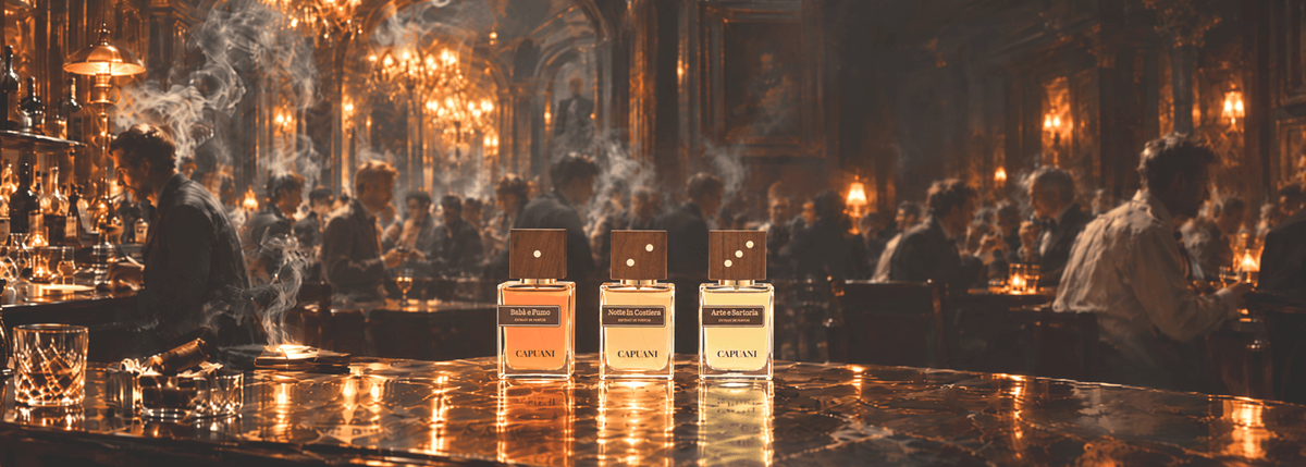 Capuani Nischendüfte Baba e Fumo, Notte in Costiera und Arte e Sartoria bei scent amor vor einem Gemälde von Besuchern in einer Bar in Italien.