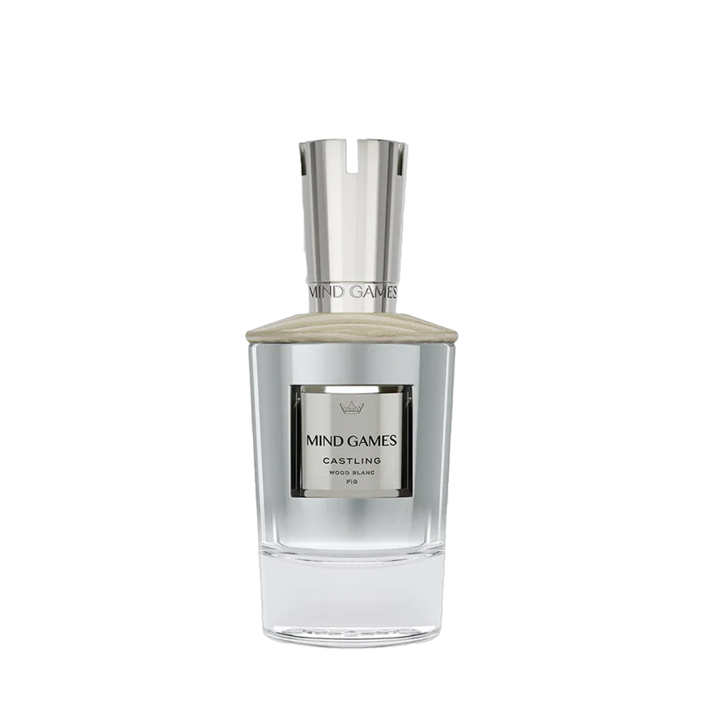 Glasflakon "Castling" von "Mind Games" mit silbernem Verschluss und Etikett auf der Vorderseite.