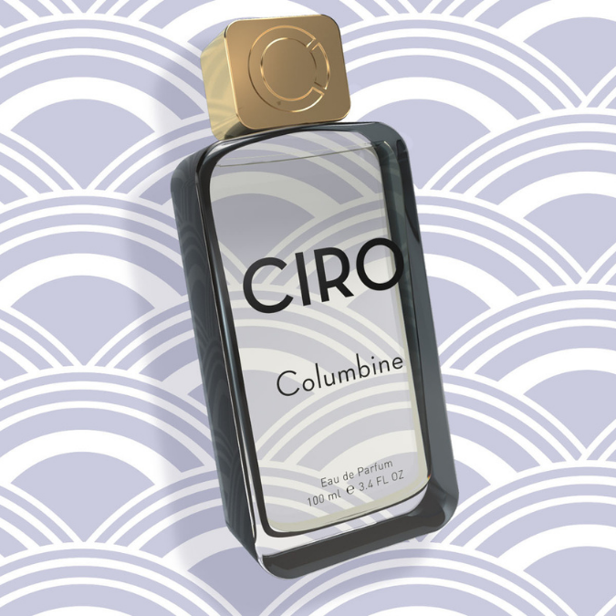 Ciro Columbine Eau de Parfum, stilvoll inszenierter Duftflakon mit goldener Kappe vor grafischem Hintergrund, modern und ästhetisch, erhältlich bei scent amor.