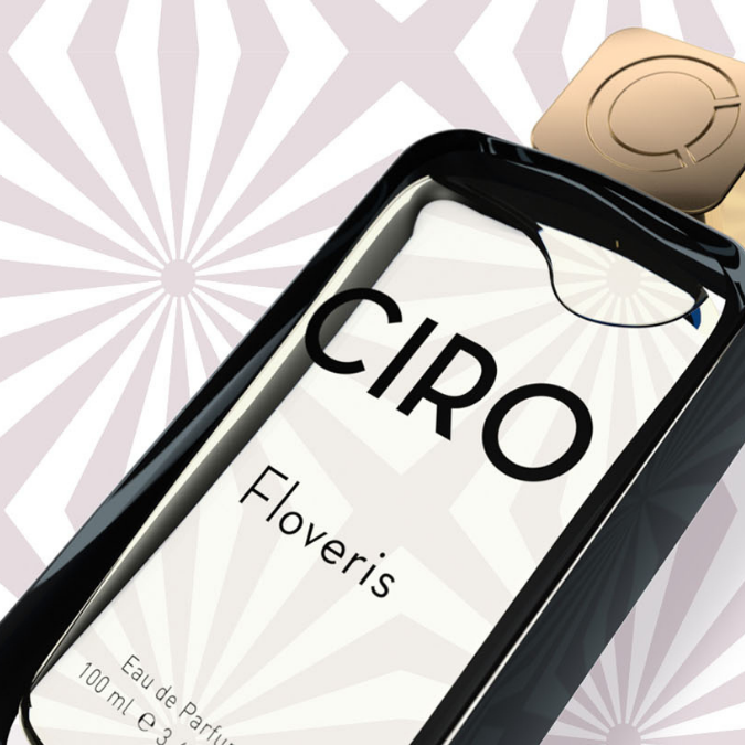 Ciro Floveris Eau de Parfum, Detailaufnahme des Duftflakons mit goldener Kappe und minimalistischem Design, stilvoll und hochwertig, erhältlich bei scent amor.