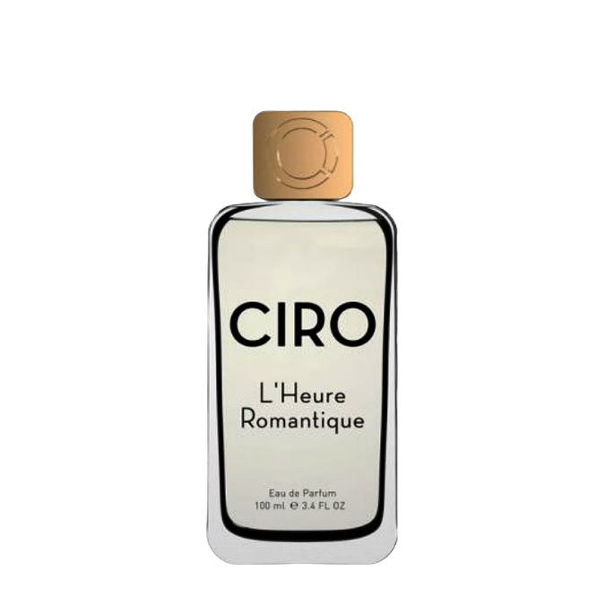 Ciro L’Heure Romantique Eau de Parfum, eleganter Duftflakon mit klarer Form und goldener Verschlusskappe, zeitlos und stilvoll, erhältlich bei scent amor.
