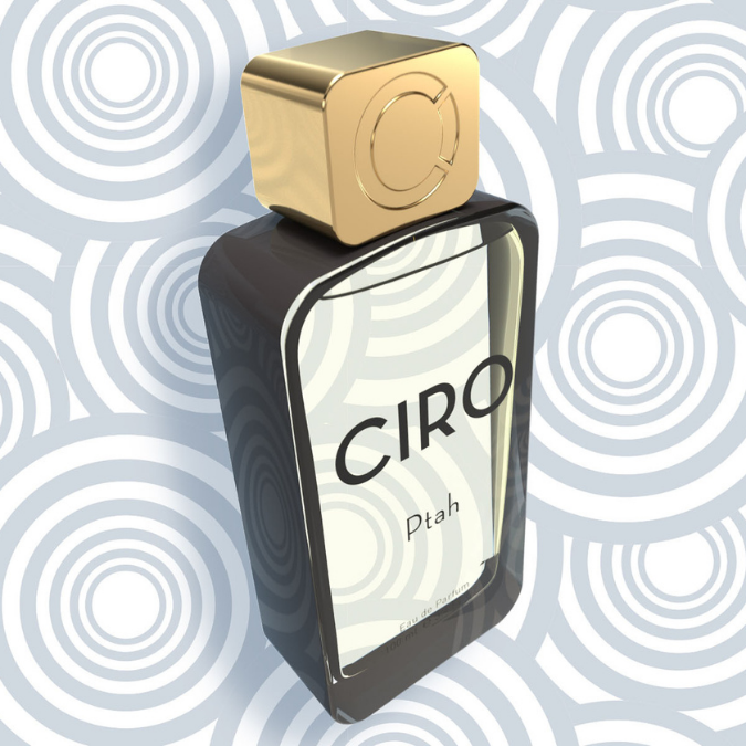 Ciro Ptah Eau de Parfum, stilvoll inszenierter Duftflakon mit goldener Kappe und grafischem Hintergrund, modern und ausdrucksstark, erhältlich bei scent amor.