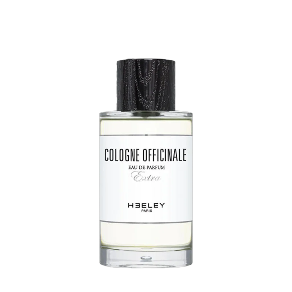 Glasflakon mit schwarzem, strukturiertem Verschluss, "Cologne Officinale Eau de Parfum Extra" von Heeley.