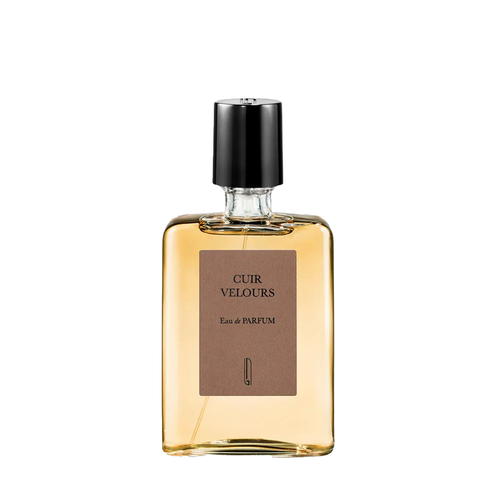 Parfümflasche "Cuir Velours" von Naomi Goodsir, rechteckig mit schwarzem Verschluss und braunem Etikett.